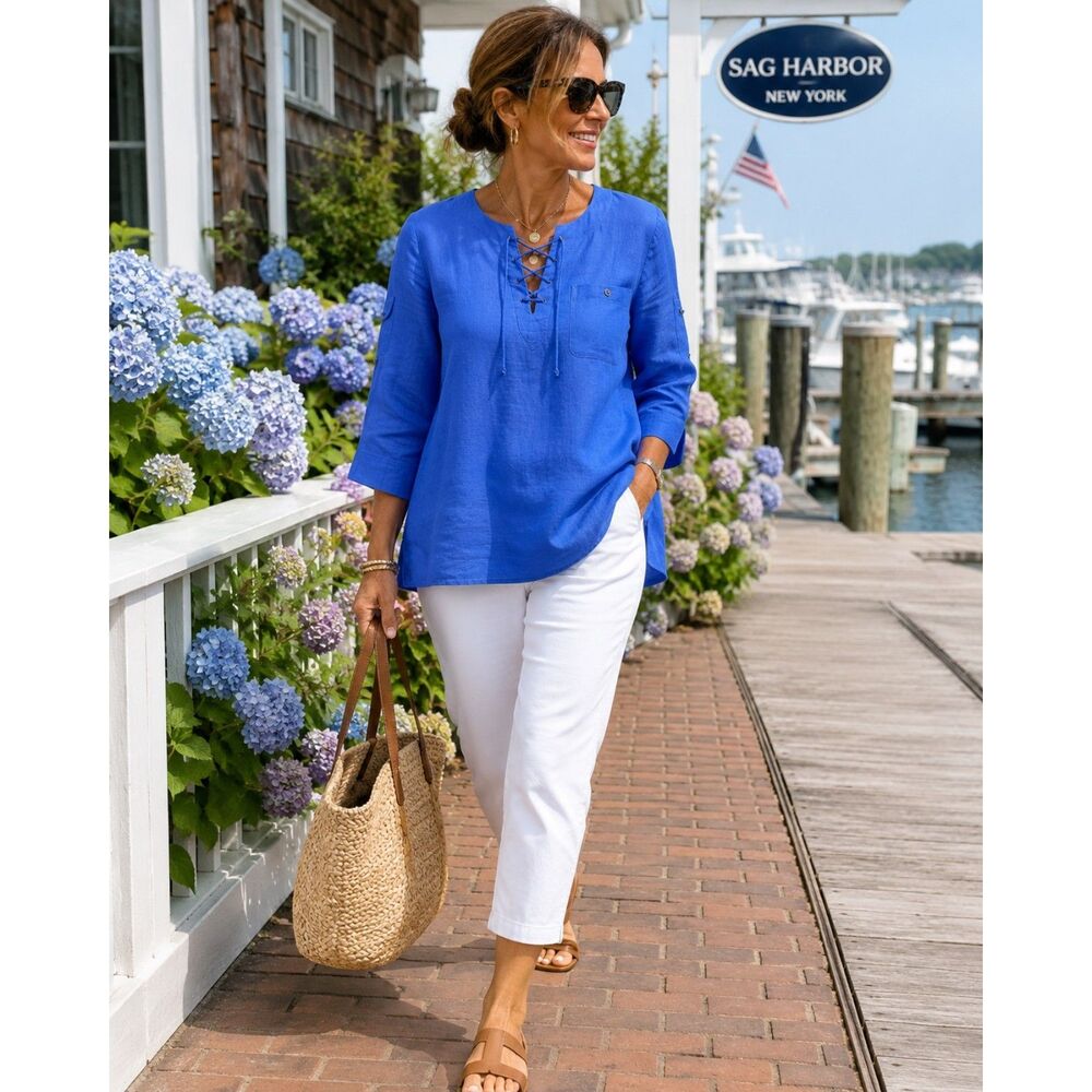 Lauren Ralph Lauren Blue 100% Linen Lace-Up Top Roll Tab Sleeve Coastal Resort L